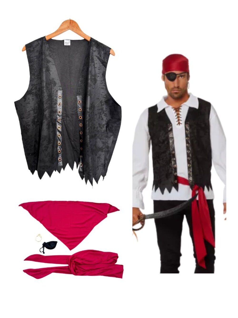 Spirit Halloween Costume Men Large XL Pirate Kit Vest Accessories Black Gold Red
